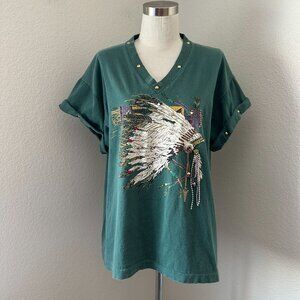 Vintage Penney Lynn V Neck Short Sleeve Native American Shirt Feather Print & St